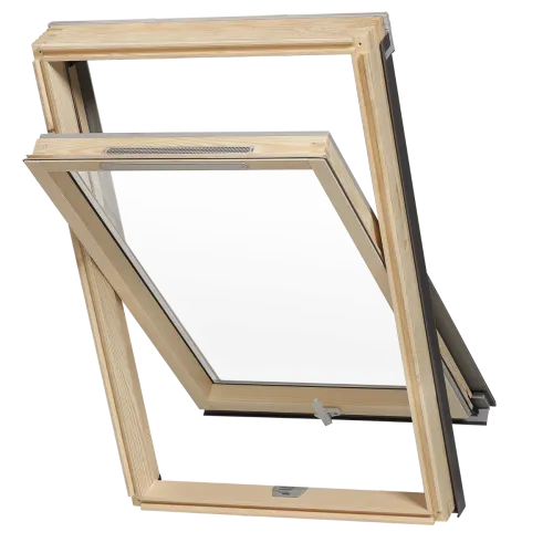 Centre pivot wooden roof window with ventilation valve